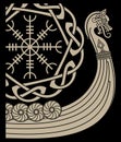 Warship of the Vikings. Drakkar, ancient scandinavian pattern and norse runes Royalty Free Stock Photo