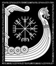 Warship of the Vikings. Drakkar, ancient scandinavian pattern and norse runes