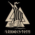 Warship of the Vikings. Drakkar, ancient scandinavian pattern and norse runes Royalty Free Stock Photo