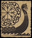 Warship of the Vikings. Drakkar, ancient scandinavian pattern and norse runes Royalty Free Stock Photo