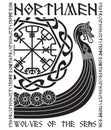 Warship of the Vikings. Drakkar, ancient scandinavian pattern and norse runes Royalty Free Stock Photo