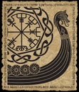 Warship of the Vikings. Drakkar, ancient scandinavian pattern and norse runes Royalty Free Stock Photo