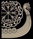 Warship of the Vikings. Drakkar, ancient scandinavian pattern and norse runes Royalty Free Stock Photo