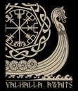 Warship of the Vikings. Drakkar, ancient scandinavian pattern and norse runes