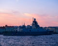 Warship in the wake of the Neva River Royalty Free Stock Photo