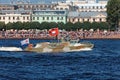 Warships and combat aircraft parade on the Neva river. Day of the Russian Navy Royalty Free Stock Photo