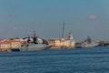 Warships and combat aircraft parade on the Neva river. Day of the Russian Navy Royalty Free Stock Photo