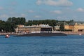 Warships and combat aircraft parade on the Neva river. Day of the Russian Navy Royalty Free Stock Photo