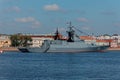Warships and combat aircraft parade on the Neva river. Day of the Russian Navy Royalty Free Stock Photo
