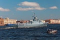 Warships and combat aircraft parade on the Neva river. Day of the Russian Navy Royalty Free Stock Photo