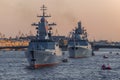 Warships on the Neva on a June evening. Navy Day in St. Petersburg