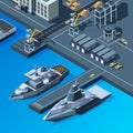 Warships on the pier. American navy isometric pictures set