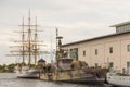 Warships and sailing ship, external Marinmuseum exhibits , Karlskrona, Sweden.