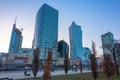 Warszawa, Poland - February 25, 2021: Beautiful architecture of Warszawa city center with modern skyscrapers at sunset, Poland