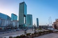 Warszawa, Poland - February 25, 2021: Beautiful architecture of Warszawa city center with modern skyscrapers at sunset, Poland