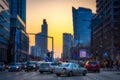 Warszawa, Poland - February 25, 2021: Beautiful architecture of Warszawa city center with modern skyscrapers at sunset, Poland