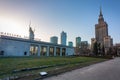 Warszawa, Poland - February 25, 2021: Palace of the Culture and Science in Warsaw city center at sunset, Poland