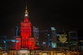 Warszawa, Poland - January 30: Panoramic view of vibrant cityscape at night of historic building