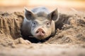 warthog entering its burrow in the ground