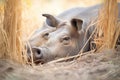 warthog snuggling in dry savanna brush