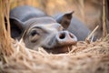 warthog snuggling in dry savanna brush