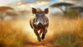 Warthog sprints across grassy savannah