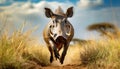 Warthog sprints across grassy savannah