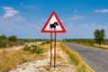 Warthogs crossing warning road sign placed along a road in Namibia