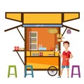 Warung street food cart with seller man cafe restaurant small family owned busines, store shop. Vector isolated cartoon