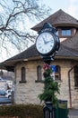 Warwick, NY United States - 4 January,2019, : Warwick`s Railroad Green Post Clock and station
