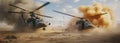 Warzone Chaos Helicopters Fly into the Heart of Battle Amidst Explosive Rockets and Smoke. Generative AI