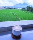 Was enjoying coffee with a view of the rice fields and mountains in the village Royalty Free Stock Photo