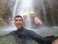 Jalbire Canyoning having fun in waterful. Royalty Free Stock Photo