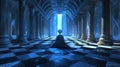 It was an icy throne room with a long, checkered floor filled with blue light, and a throne at the end. Royalty Free Stock Photo