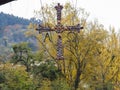 Victoria Cross on the roman bridge of Cangas de Onis. Asturias, Spain. Royalty Free Stock Photo