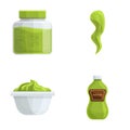 Wasabi icons set cartoon vector. Wasabi in bottle and bowl