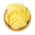 Wasabi and nori flavored, salted ruffles, ruffled potato chips, in a wooden bowl