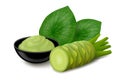 Natural wasabi paste in a black bowl, two leaves and half of root isolated on white background