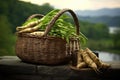 wasabi roots in a rustic woven basket, with a countryside backdrop