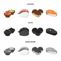 Wasabi sauce and ginger, salmon steak, octopus. Sushi set collection icons in cartoon,black,monochrome style vector