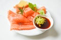 Wasabi sauce raw salmon filet on white plate - Fresh salmon fish for cooking salad seafood japanese food