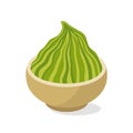 Wasabi vector icon. Spicy green paste in a wooden saucer. Delicious Japanese seasoning for fish, sushi, rolls. Hand