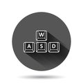 Wasd button icon in flat style. Keyboard vector illustration on black round background with long shadow effect. Cybersport circle