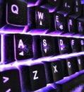 Wasd keyboard with purple bright lighr three quarter angle gamer writting and technology