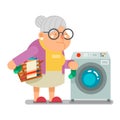 Wash dirty laundry in washing machine Household Granny Old Lady Character Cartoon Flat Design Vector illustration Royalty Free Stock Photo