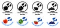 Wash before eating set of symbols. Black and color version sign, drops of water falling on apple, green leaves, strawberries and