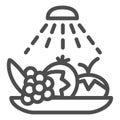 Wash food hygiene line icon. Disinfection fruits and vegetables outline style pictogram on white background. Coronavirus
