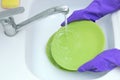 Wash green plates under running water. Hands  protective rubber gloves Royalty Free Stock Photo