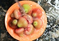 Wash A group water Guava that is picked on its own tree and photographed on orange plate at home, not fancy