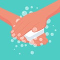 Wash hands isometric icon. Man holding soap in hand in soap bubbles